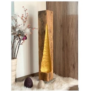 Modern rustic LED reclaimed wood beam floor lamp with golden light fall, upcycled image 1