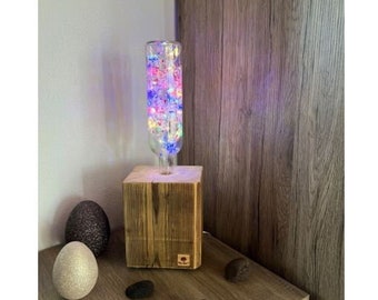 Modern Rustikale Altholz Balken Stehlampe mit Glasflasche und bunter Lichterkette geölt / natur Upcycling MITTEL