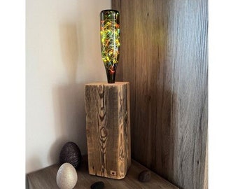 Modern Rustikale Altholz Balken Stehlampe mit Glasflasche und bunter Lichterkette geölt / natur Upcycling GROß