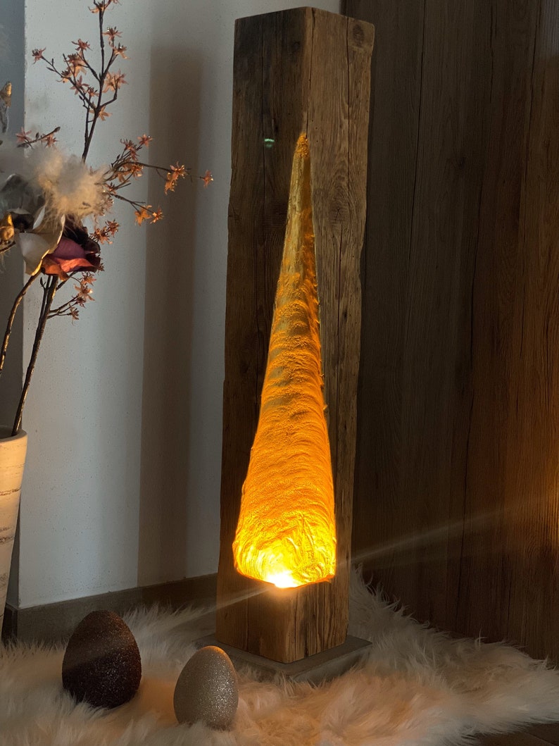 Modern rustic LED reclaimed wood beam floor lamp with golden light fall, upcycled image 5