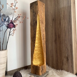 Modern rustic LED reclaimed wood beam floor lamp with golden light fall, upcycled image 4