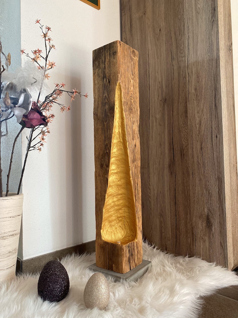 Modern rustic LED reclaimed wood beam floor lamp with golden light fall, upcycled image 4