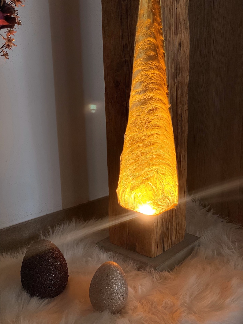 Modern rustic LED reclaimed wood beam floor lamp with golden light fall, upcycled image 6