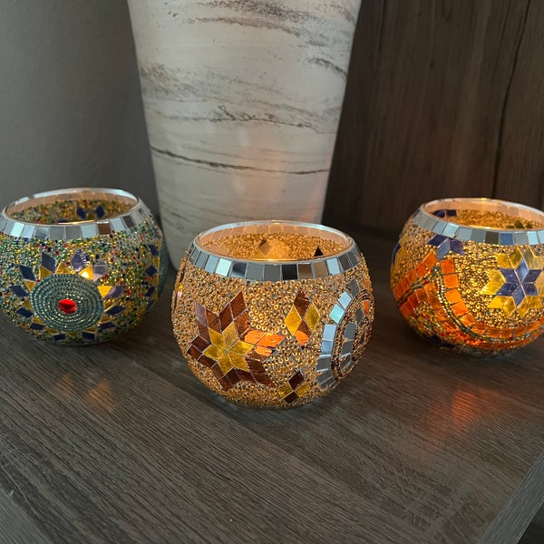 Mosaik Teelichthalter, Glas Kerzenhalter Mosaik, Türkische Lampe, Teelicht Mosaik handgefertigt, Teelichtglas