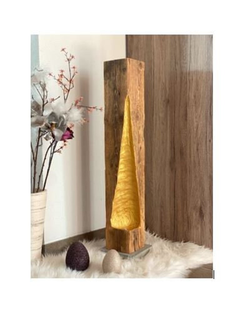 Modern rustic LED reclaimed wood beam floor lamp with golden light fall, upcycled image 1