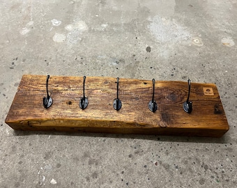 Modern rustic reclaimed wood beam coat rack with 5 multi-hooks, oiled / natural upcycled