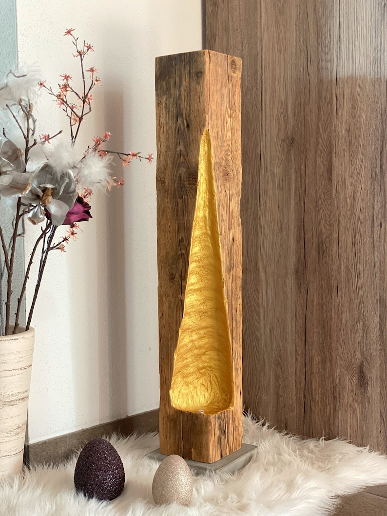 Modern rustic LED reclaimed wood beam floor lamp with golden light fall, upcycled image 2