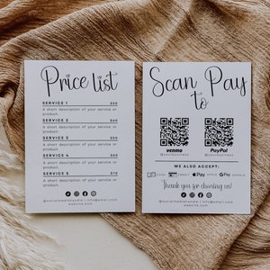 Modèle de liste de prix et panneau Scan to Pay | Panneau QR Code | Guide des prix modifiable | Code QR personnalisé | Modèle de liste de prix sur toile | Signe de paiement
