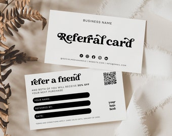 Rétro parrainez un ami avec un code QR | Carte de réduction imprimable | Carte de fidélité client | Cartes de parrainage modifiables | Lora