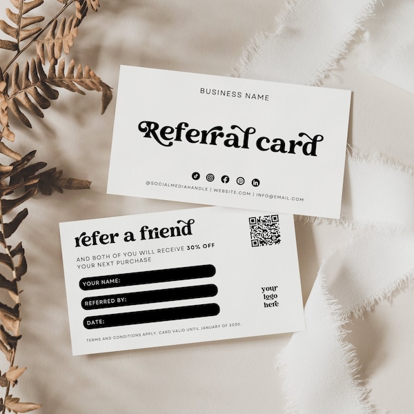 Retro Refer A Friend With QR Code Sign | Printable Discount Card | Customer Reward Card | Editable Referral Cards | Lora