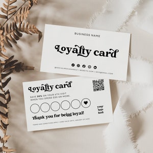 Cartão de fidelidade retrô com código QR | Modelo de cartão de desconto em canvas | Cartão de recompensa para impressão | Cartões de Fidelidade | Design de cartão de recompensas | Lora