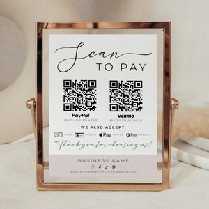 Elegant Scan To Pay Sign Canva Template, Editable Payment Sign With QR Code Sign, PayPal Venmo Sign Digital Download, Kate