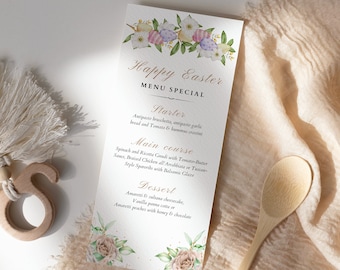Påskmenykort | Redigerbar matmenymall för påsk | Menymall med blommigt påsktema | Påskbrunchmeny