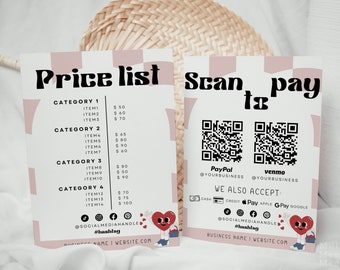 Retro Price List Template & Scan To Pay Sign in Pink | Price List Flyer Editable Template | Scan To Pay With QR Code Sign | Pixi