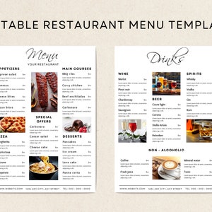 Plantilla de menú de restaurante / Paquete de menú de restaurante clásico / Lista de precios de plantilla de menú editable / Plantilla de signo de bienvenida / Menú tamaño A4