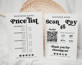 Modèle de liste de prix rétro et panneau Scan to Pay | Guide des prix imprimable et panneau de paiement | Panneau QR Code | Liste de prix des ongles | Lora