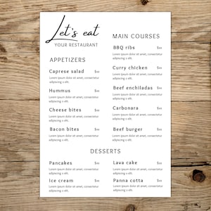Restaurant Menu Template | Pdf Instant Download | Digital Download ...