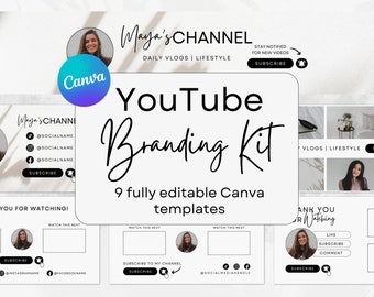 May include: A YouTube branding kit with nine fully editable Canva templates. The kit includes a channel banner, end screen, and social media graphics. The templates are designed in a minimalist style with black and white text on a white background.
