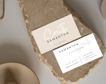 May include: Two business cards with a beige background and white text. The top card has the name "Smith Samantha" and the text "Title goes here". The bottom card has the name "Samantha Smith" and the text "Title goes here". The bottom card also includes social media icons and contact information.