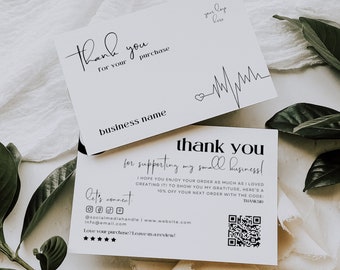 May include: Thank you card with a black and white heartbeat graphic. The card says "Thank you for supporting my small business!" and includes a QR code and the text "Let's connect: @socialmediahandle | www.website.com | info@email.com Love your purchase? Leave us a review!"