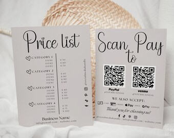 Modelo de lista de preços Boho e sinal de digitalização para pagar | Guia de preços para impressão | Sinal de pagamento com código QR | Lista de preços de unhas | Nancy