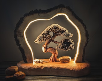 Unique Handcrafted Wooden Lamp with Custom Carving Inside | Steam Bended Wooden Lamp | Wood Table Lamp | Remote/Touch control | Piece Unique