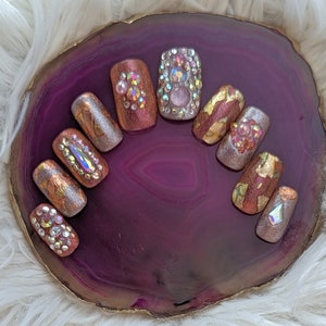 Orange, Pink and Gold, Foiled, Sparkly, Rhinestone Accent, Crystal Bling, Hand Painted, Gel Polish Custom Press On Nails