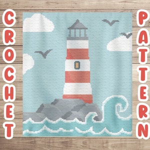 May include: A crochet pattern featuring a red and white lighthouse on a rocky shore with blue waves. The pattern includes instructions for crocheting the lighthouse, rocks, and waves.
