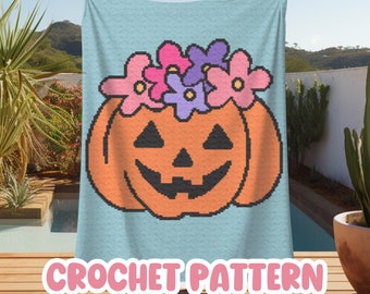 Crochet Halloween Graphgan Pattern, Pumpkin Jack-o-lantern Floral Corner to Corner Afghan Blanket, Cute Fall Spooky C2C Crochet Tapestry