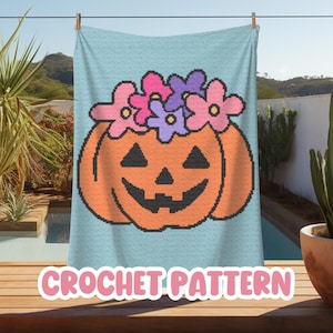 Crochet Halloween Graphgan Pattern, Pumpkin Jack-o-lantern Floral Corner to Corner Afghan Blanket, Cute Fall Spooky C2C Crochet Tapestry