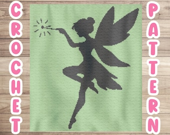 May include: A crochet pattern for a fairy silhouette with a wand and wings. The pattern is on a green background.