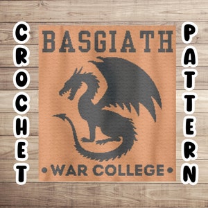 May include: A crochet pattern for a black dragon with the text "BASGIATH WAR COLLEGE" on a brown background.