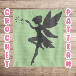 May include: A crochet pattern for a fairy silhouette with a wand and wings. The pattern is on a green background.