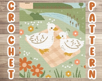 Crochet Graphgan Pattern, Ducks Corner to Corner Afghan Blanket Pattern, Duckling Picnic C2C Crochet Tapestry Throw Pattern, Floral Nature