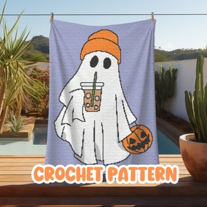 Crochet Halloween Pumpkin Spice Coffee Graphgan Pattern, Corner to Corner Blanket Pattern Fall Spooky Ghost C2C Crochet Tapestry Pattern