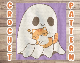 May include: A white ghost with a friendly face is holding a small orange and white cat. The ghost and cat are on a purple background.