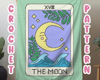 Crochet Graphgan Pattern, The Moon Tarot Card Corner to Corner Afghan Blanket Pattern, Cute Witchy Celestial C2C Crochet Tapestry Pattern