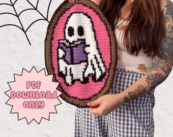 Halloween Crochet Tapestry Pattern, Ghost Reading Wall Hanging Pattern, Spooky Crocheted Decor, Cute Y2K Crochet Pattern, Dorm Decor, Pink