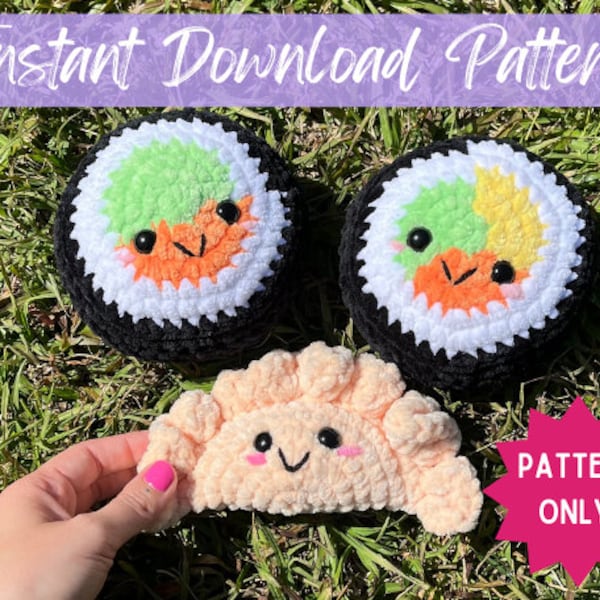 Mini Friends Collection Sushi Roll and Dumpling Crochet Pattern / amigurumi pattern / crochet food / no sew crochet pattern quick and easy