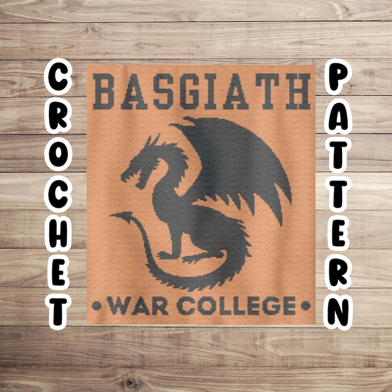 A crochet pattern for a graphgan blanket with an image of a dragon that says Basgiath War College.