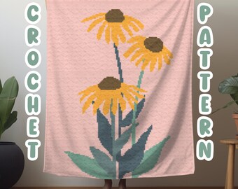Crochet Floral Graphgan Pattern, Sunflower Wildflower Corner to Corner Blanket Crochet, Flower Baby Nursery Tapestry Afghan, C2C Pattern
