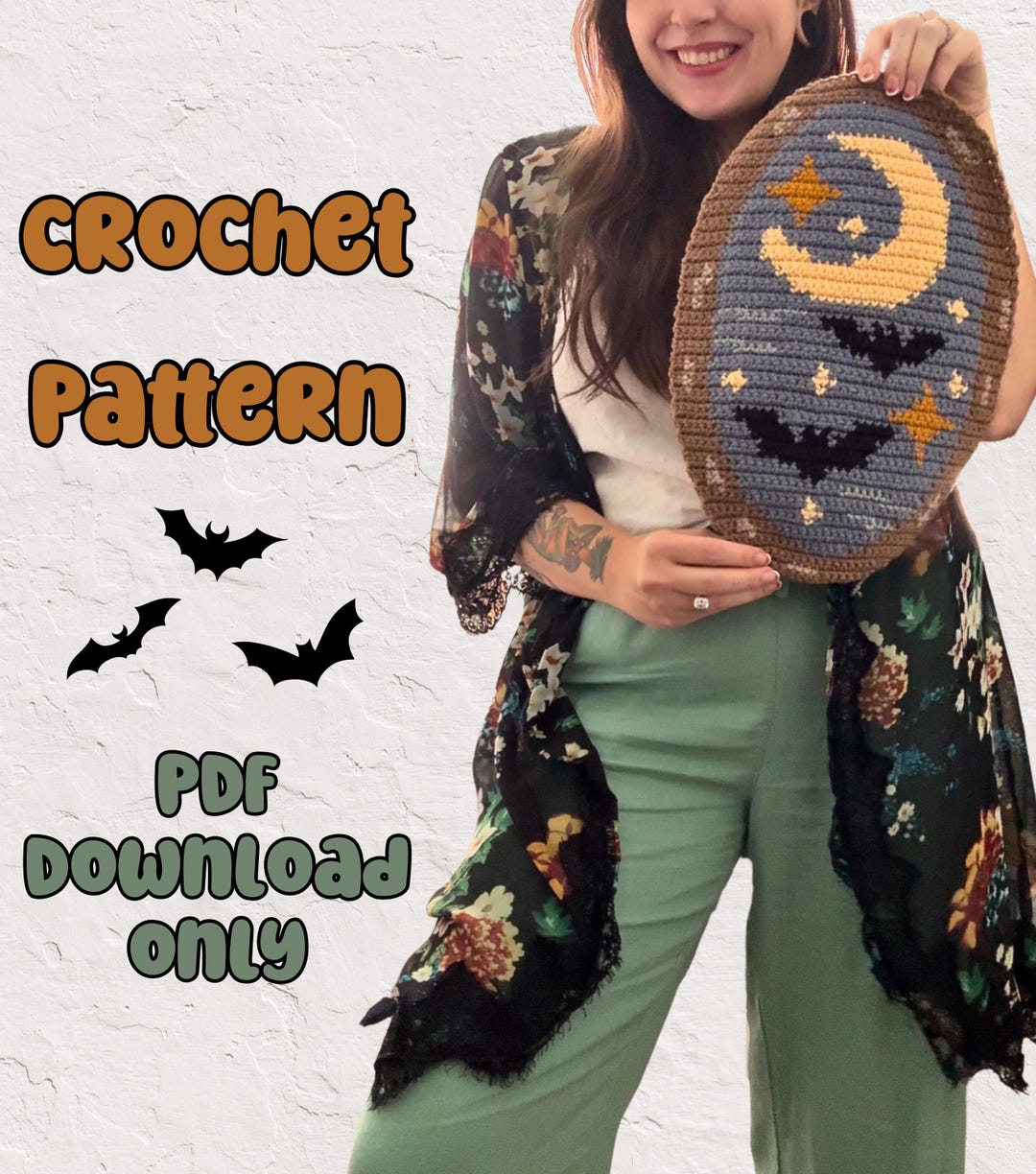 Halloween Crochet Tapestry Pattern, Bats and Moon Wall Hanging Pattern ...