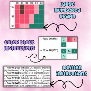 May include: A color block graph with numbers 83 to 88 on the top row and 96 to 100 on the left column. The graph is divided into three color blocks: brown, pink, and green. The graph is labeled "Large numbered graph". Below the graph is a set of instructions labeled "Color block instructions" with a list of rows and colors. Below the instructions is a table labeled "Written instructions" with rows labeled "Row 39 [RS]" and "Row 40 [WS]" and columns with numbers 1, 2, 3, 4, 11, 14.