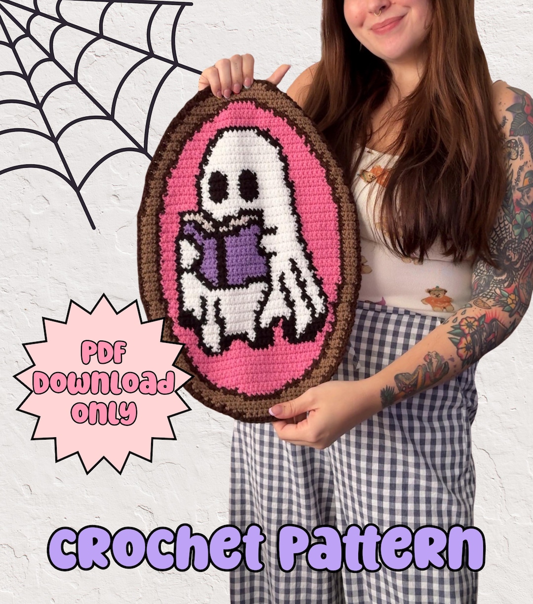 Halloween Crochet Tapestry Pattern, Ghost Reading Wall Hanging Pattern ...