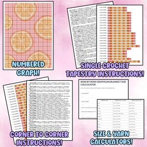 May include: A crochet pattern for a tapestry blanket featuring a design of orange slices on a pink background. The pattern includes a numbered graph, single crochet instructions, corner to corner instructions, and size and yarn calculators.