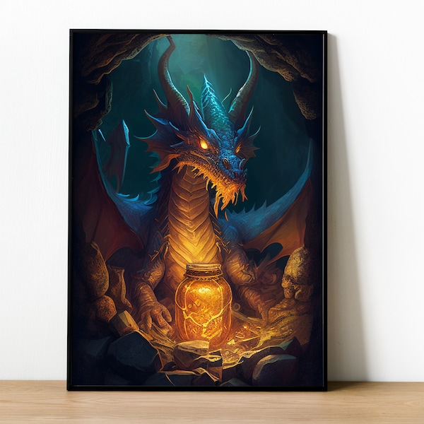 Dragon Lair Digital Print - Mystical Cave Art Featuring Majestic Dragon and Treasure Trove