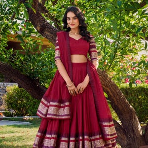 Red lehenga choli for girls, wedding chaniya choli for women US, chanderi silk lengha choli set with zari work, designer lengha for function
