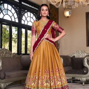 Mustard yellow kanchipuram lehenga choli for women, wedding chaniya choli for girls, Indian printed lengha set for function, festive lengha