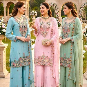 May include: Three outfits consisting of long-sleeved tunics and wide-leg trousers in light blue, soft pink, and sage green. Each tunic features intricate floral embroidery, mirror work, and a matching sheer dupatta draped over the shoulder.