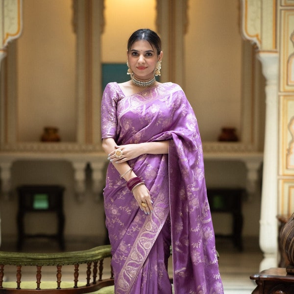 Women's Satin Silk Lavender Embellished Ready to Wear With Blouse Piece